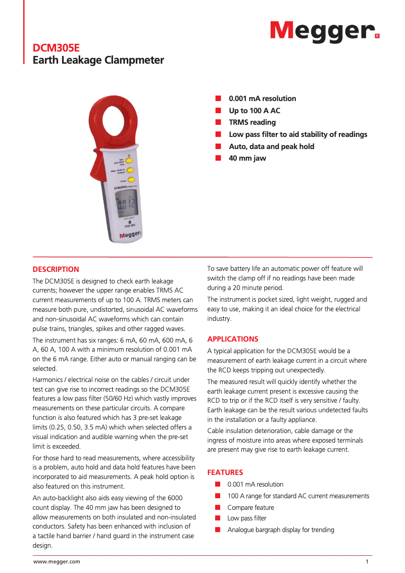 Page 1 de la notice Fiche technique Megger DCM305E