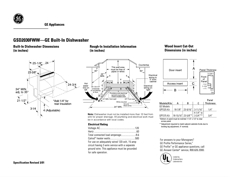 Page n°1 - Fiche technique GE GSD2030FWW