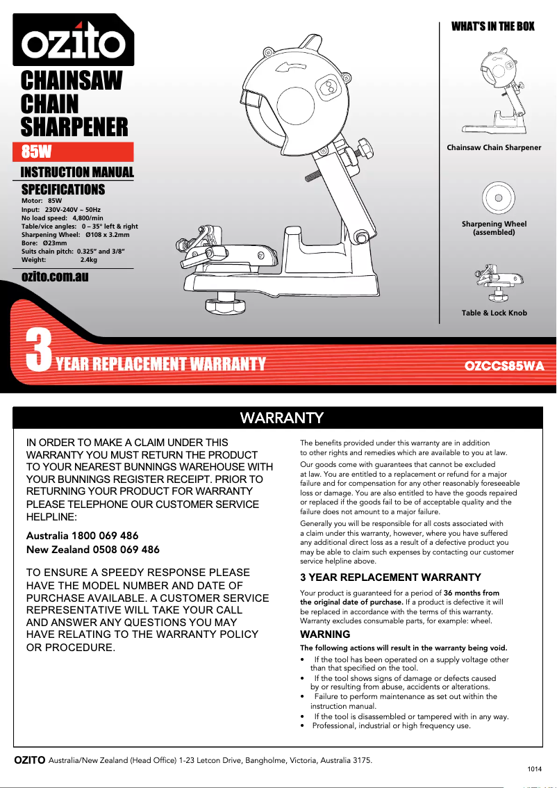 Page 1 de la notice Manuel utilisateur Ozito OZCCS85WA