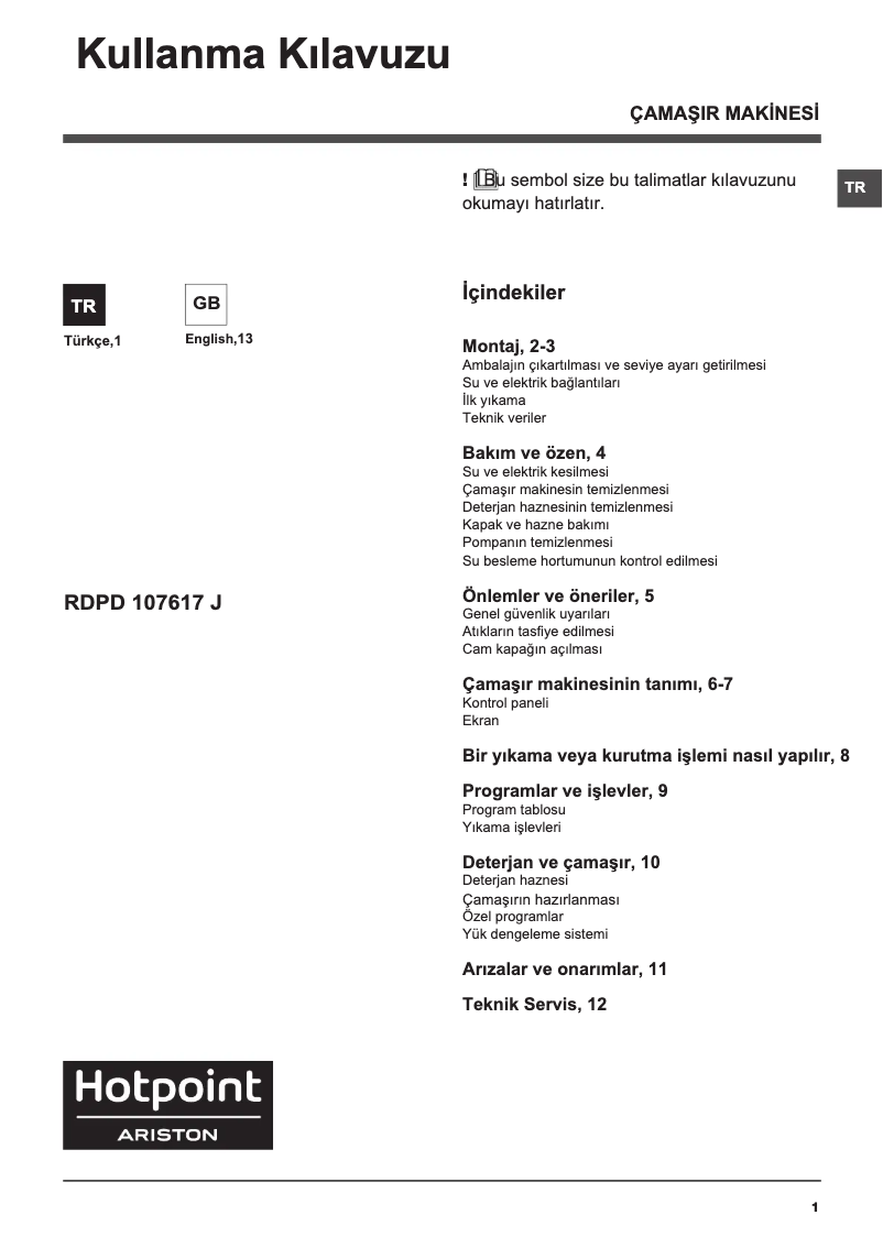 Page 1 de la notice Manuel utilisateur Hotpoint Ariston RDPD 107617 JD TK