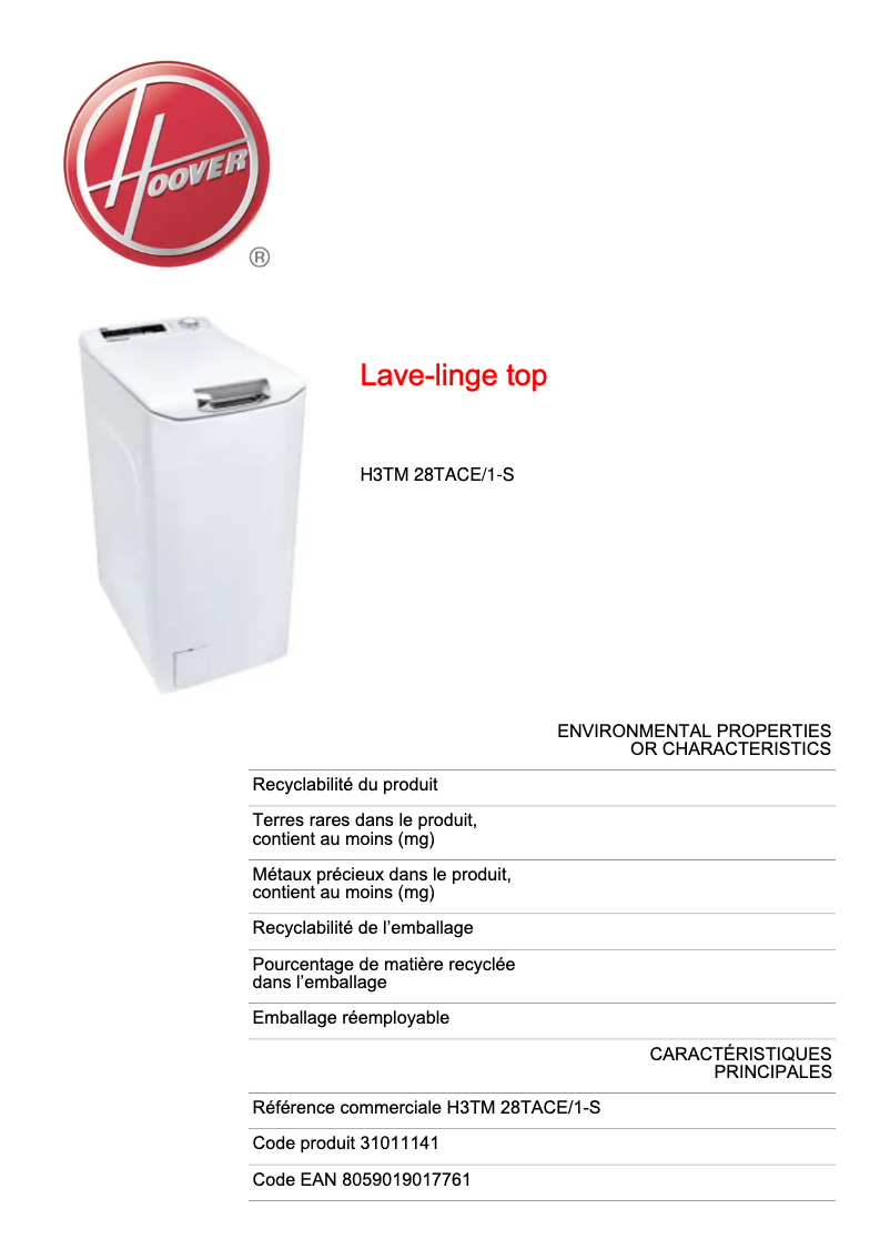 Page 1 de la notice Fiche technique Hoover H3TM 28TACE/1-S