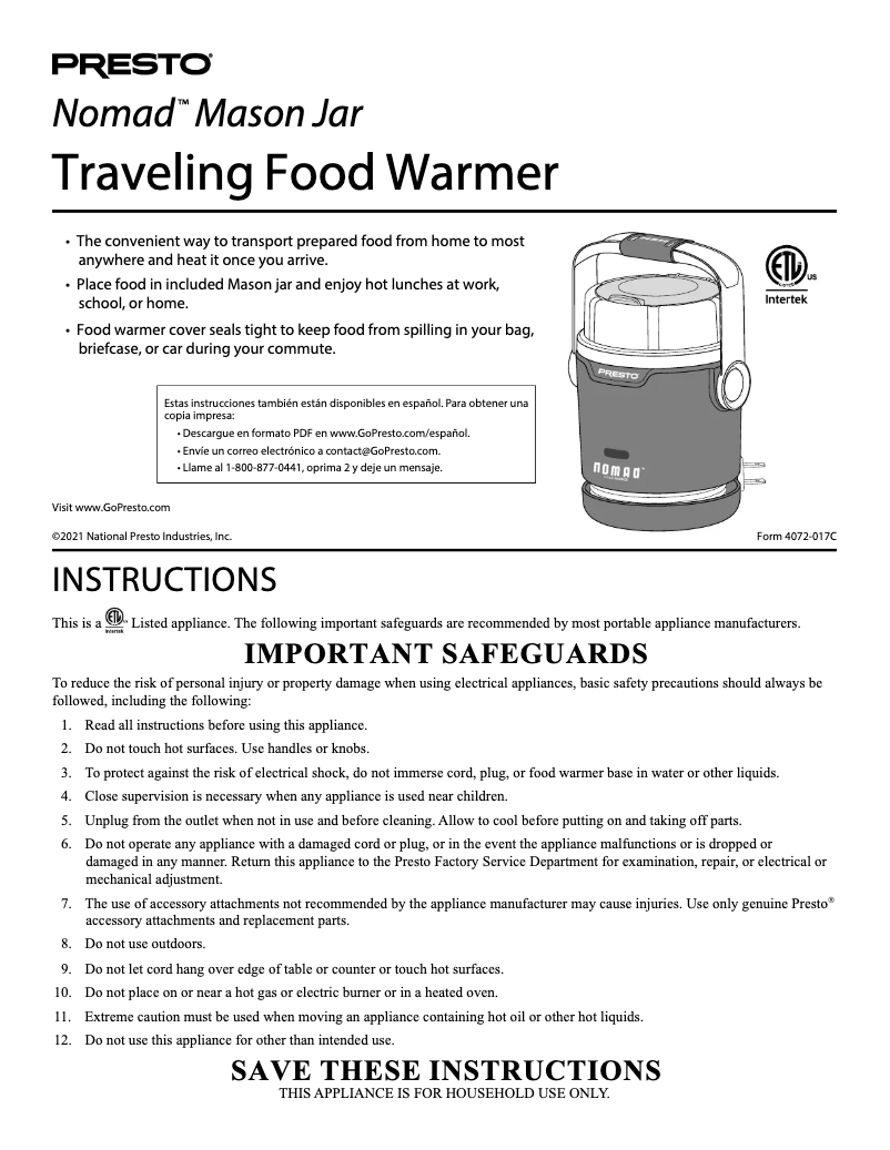Page 1 de la notice Manuel utilisateur Presto Nomad 06015