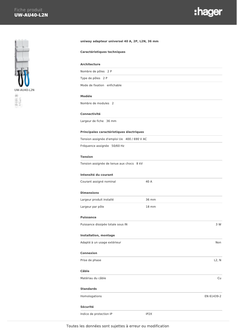 Page 1 de la notice Manuel utilisateur Hager UW-AU40-L2N