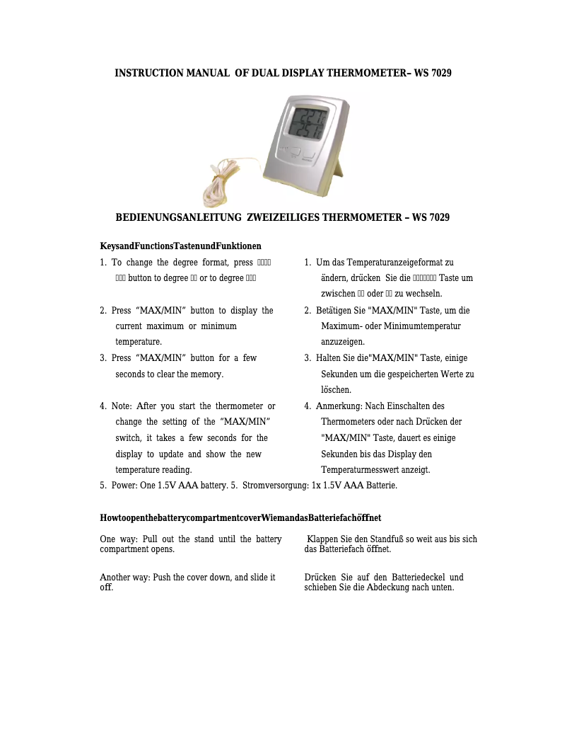 Page 1 de la notice Manuel utilisateur Techno Line WS 7029
