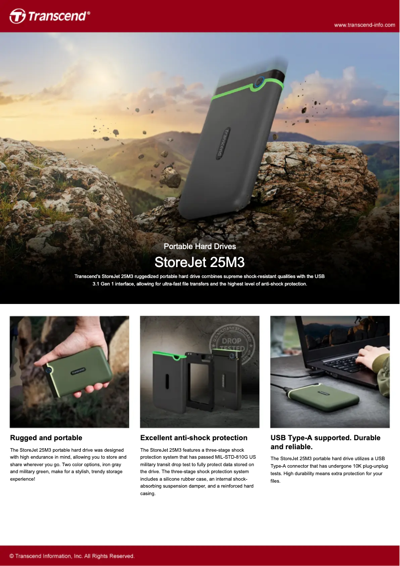 Page 1 de la notice Fiche technique Transcend StoreJet 25M3