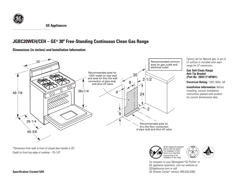 Page 1 of the manual Technical Sheet GE JGBC20CEHCC
