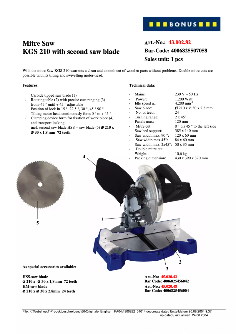 Page 1 de la notice Manuel utilisateur Bonus KGS 210