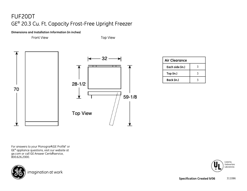 Page n°1 - Fiche technique GE FUF20DTRWH
