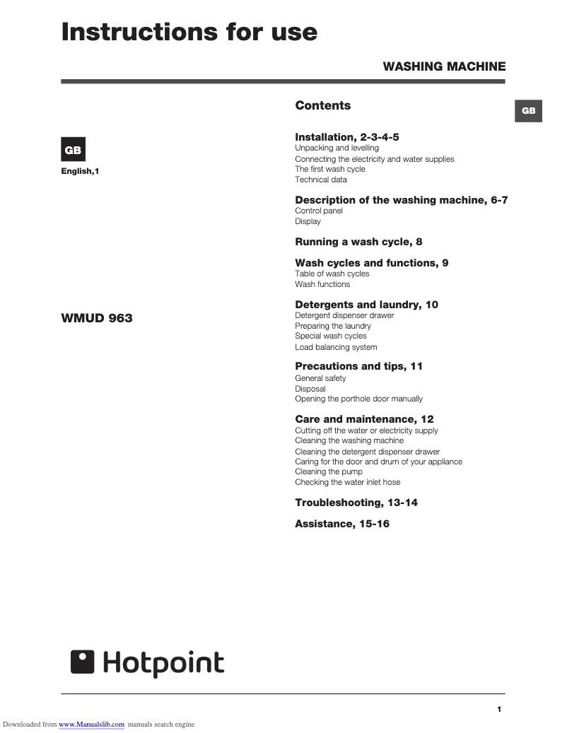 Page 1 de la notice Manuel utilisateur Hotpoint WMUD 963 P