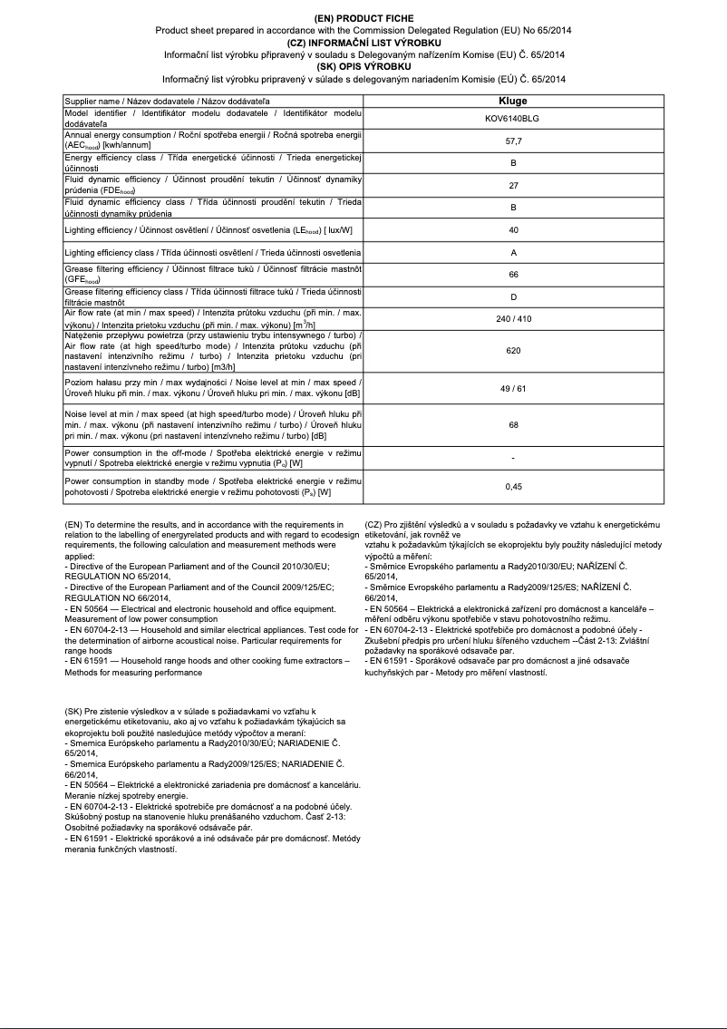 Page n°1 - Fiche technique Kluge KOV6140BLG