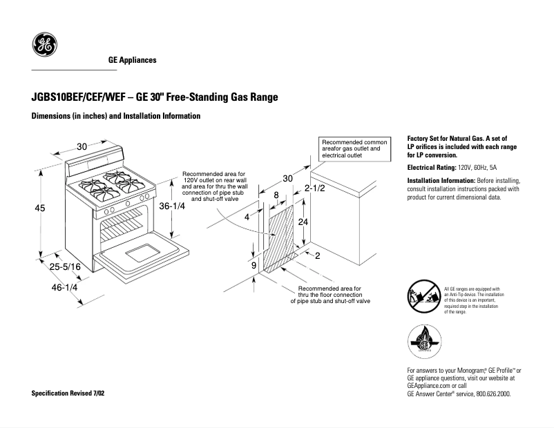 Page 1 of the manual Technical Sheet GE JGBS10WEFWW