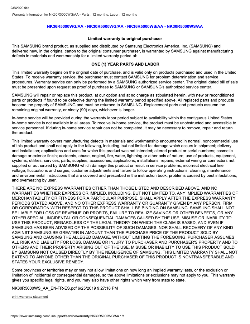 Page n°1 - Informations de garantie Samsung NK30R5000WS