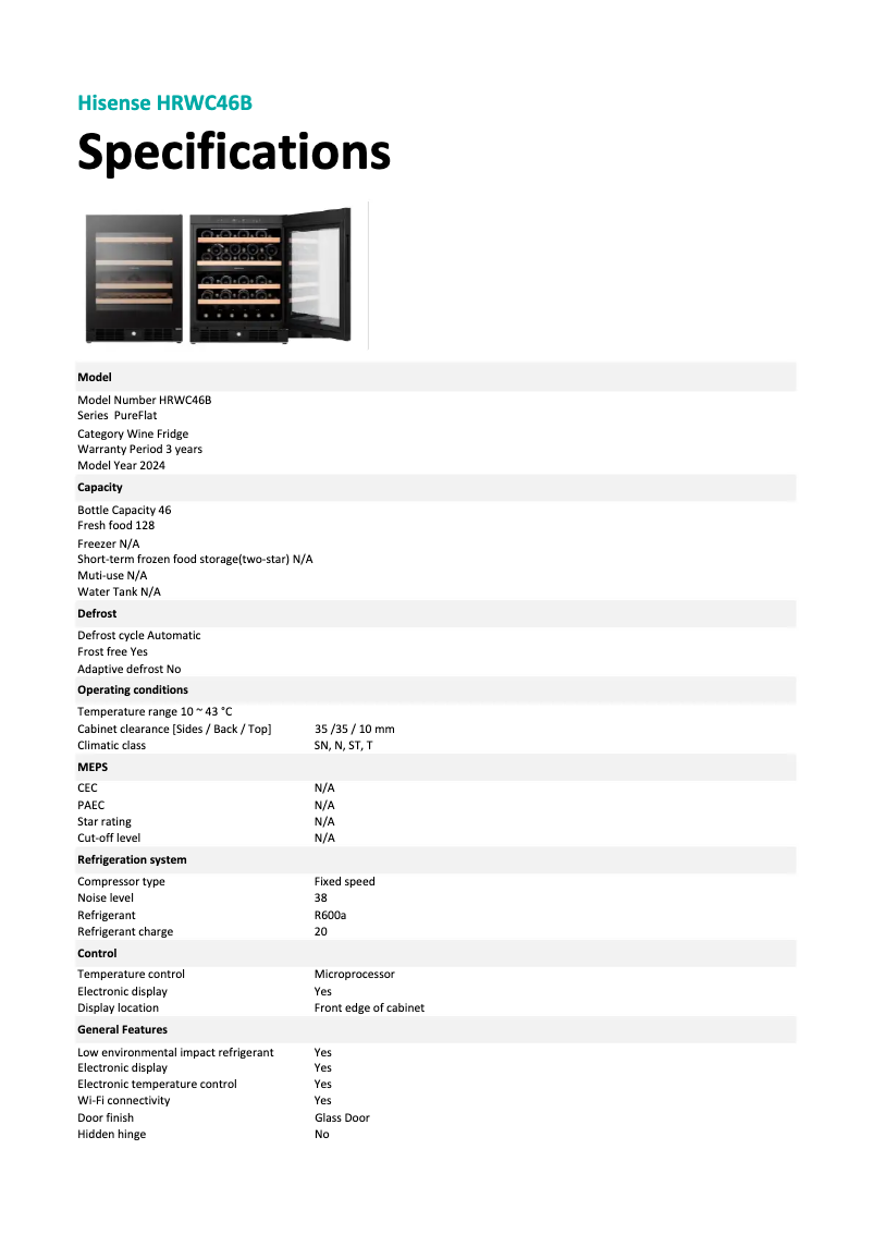 Page 1 of the manual Technical Sheet Hisense HRWC46B