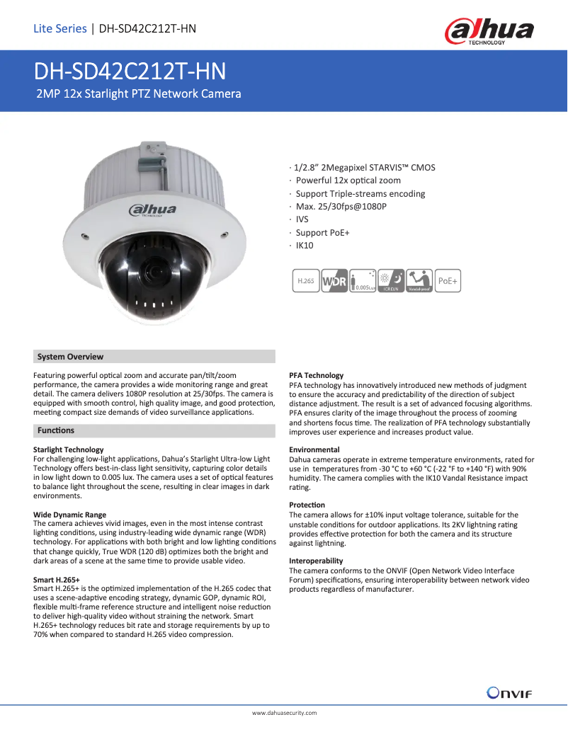 Page 1 de la notice Fiche technique Dahua Technology SD42C212T-HN