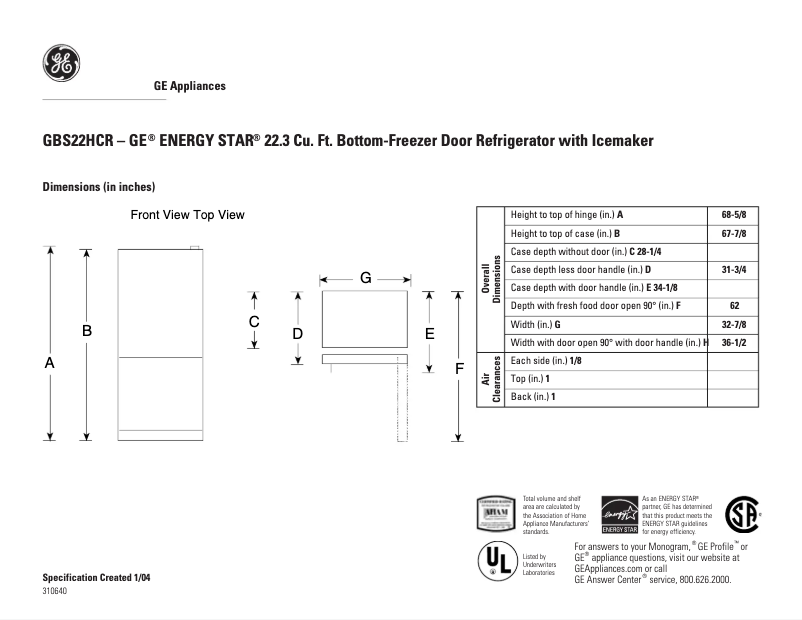 Page n°1 - Fiche technique GE GBS22HCRBB