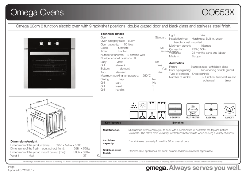 Page 1 de la notice Fiche technique Omega OO653X