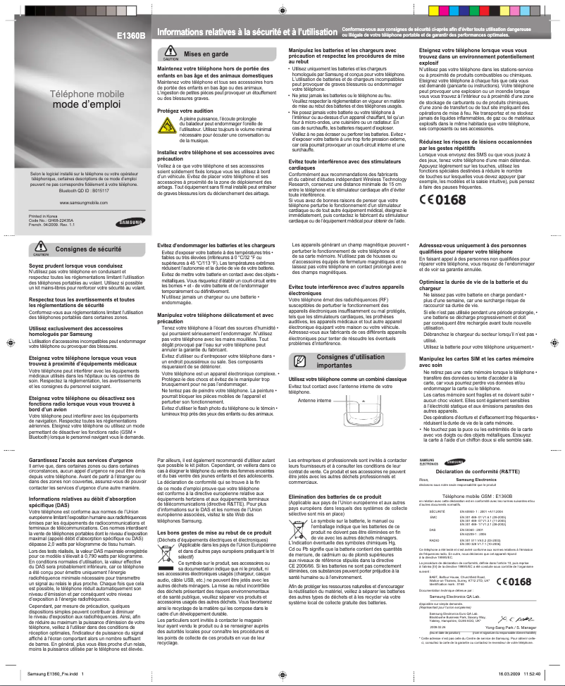 Page n°1 - Manuel utilisateur Samsung GT-E1360