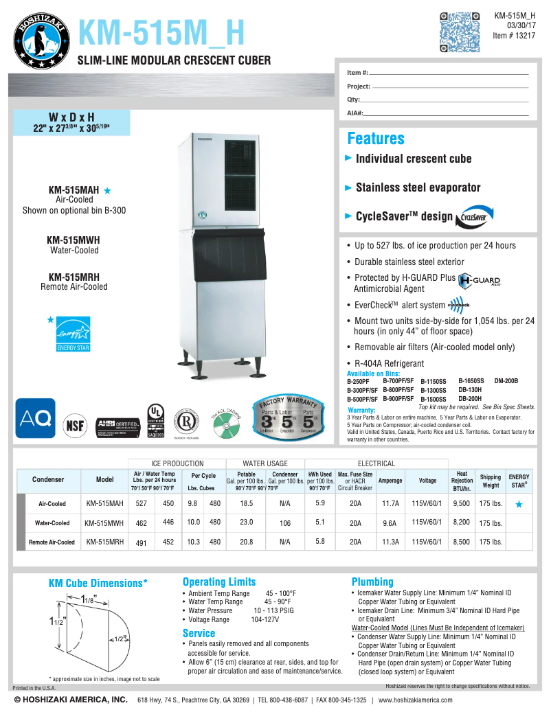 Page 1 de la notice Fiche technique Hoshizaki KM-515MRH