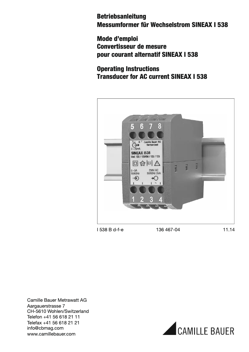 Page n°1 - Manuel utilisateur Camille Bauer Sineax I538