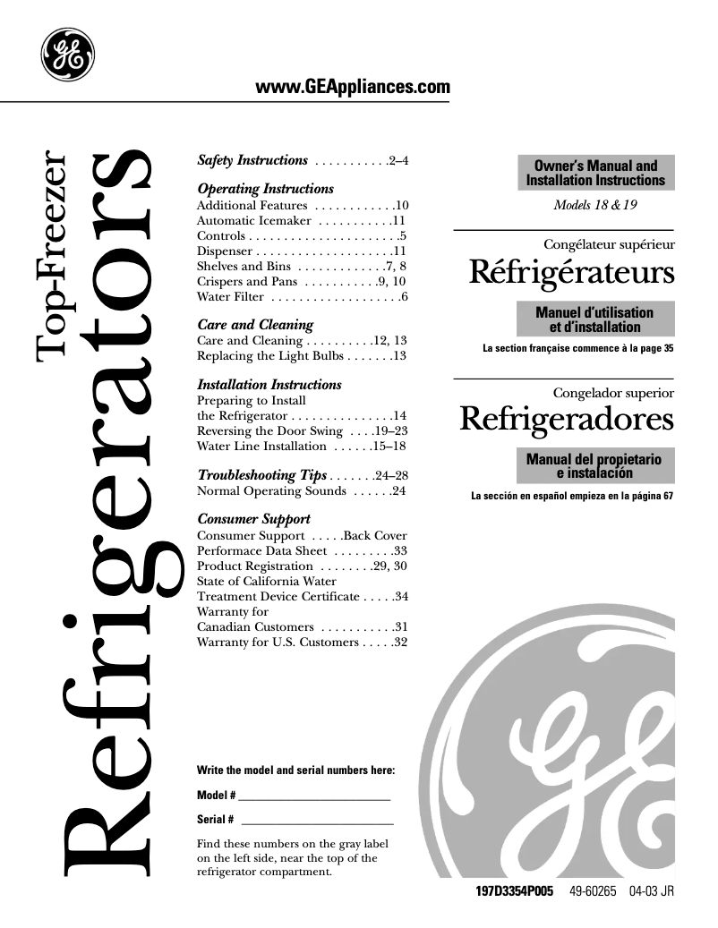 Page n°1 - Guide d'installation GE GTS19QBPBB