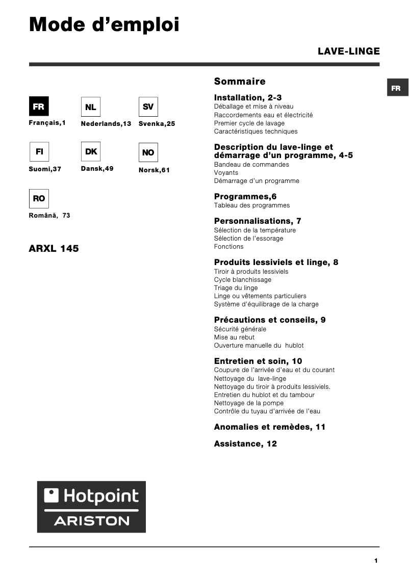 Image de la première page du manuel de l'appareil ARXL 145 EU