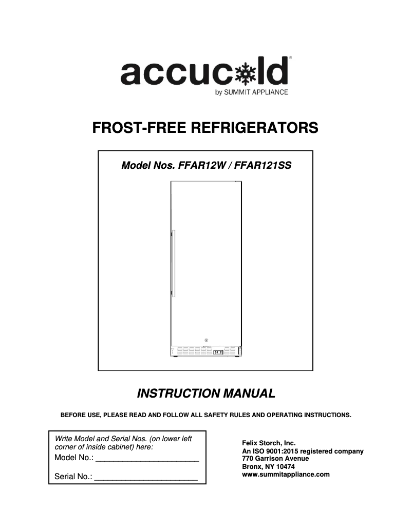 Page n°1 - Manuel utilisateur Accucold FFAR12W