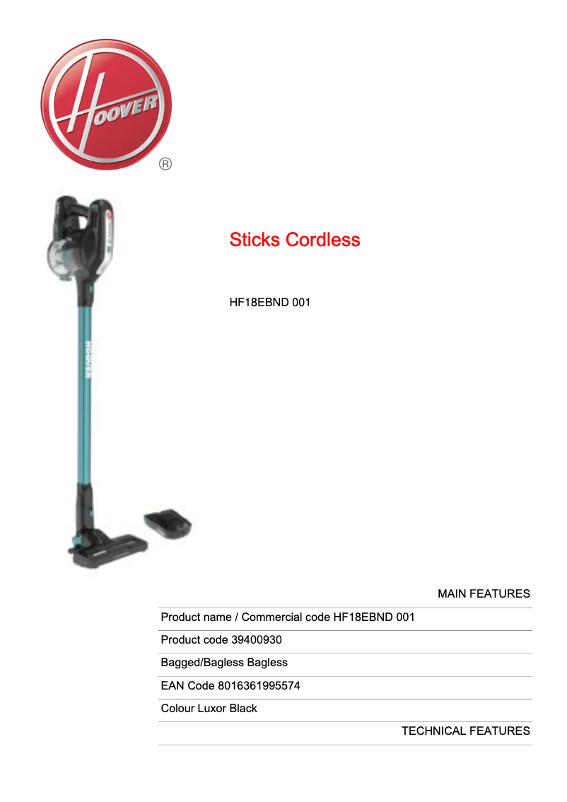 Page 1 de la notice Manuel utilisateur Hoover H-FREE HF18EBND 001