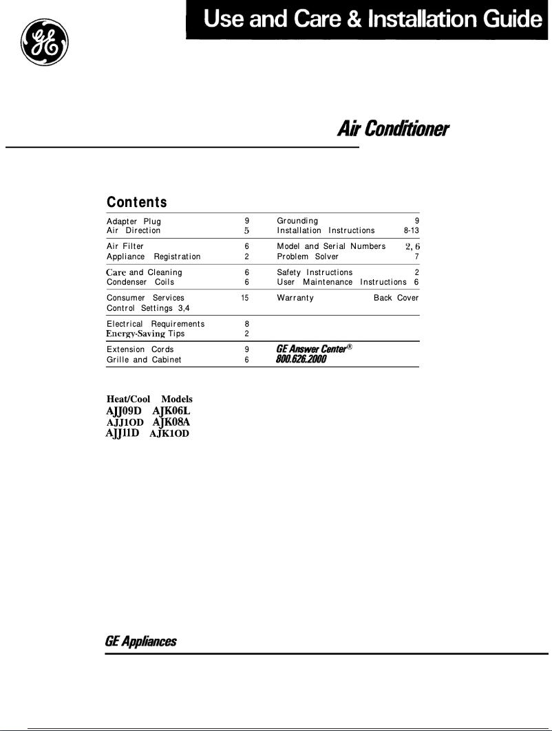 Page 1 de la notice Manuel d'utilisation et d'entretien GE AJJ09DF