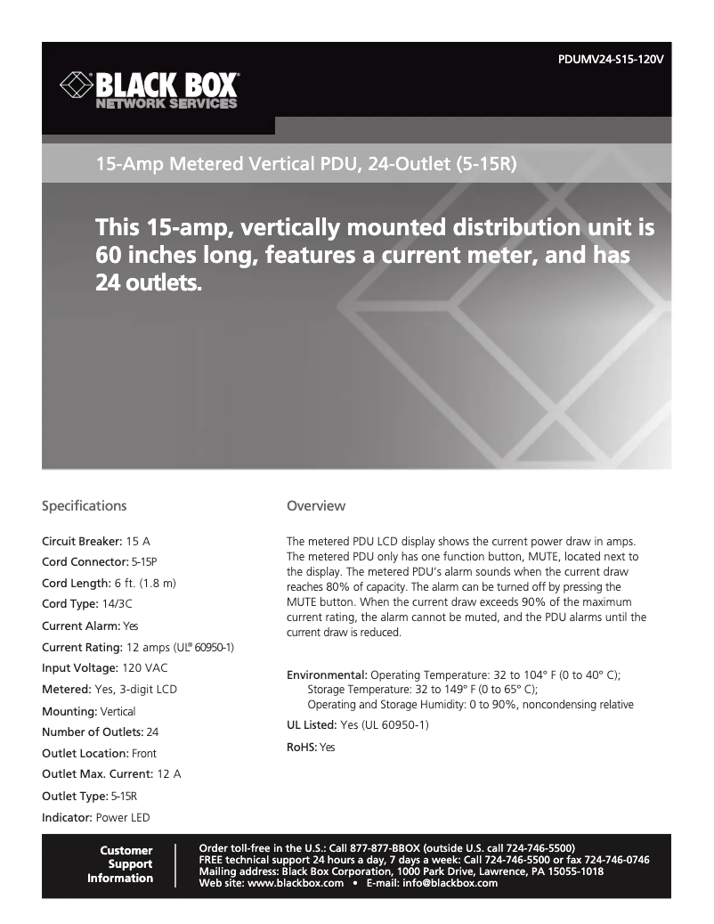 Page 1 de la notice Manuel utilisateur Black Box PDUMV24-S15-120V