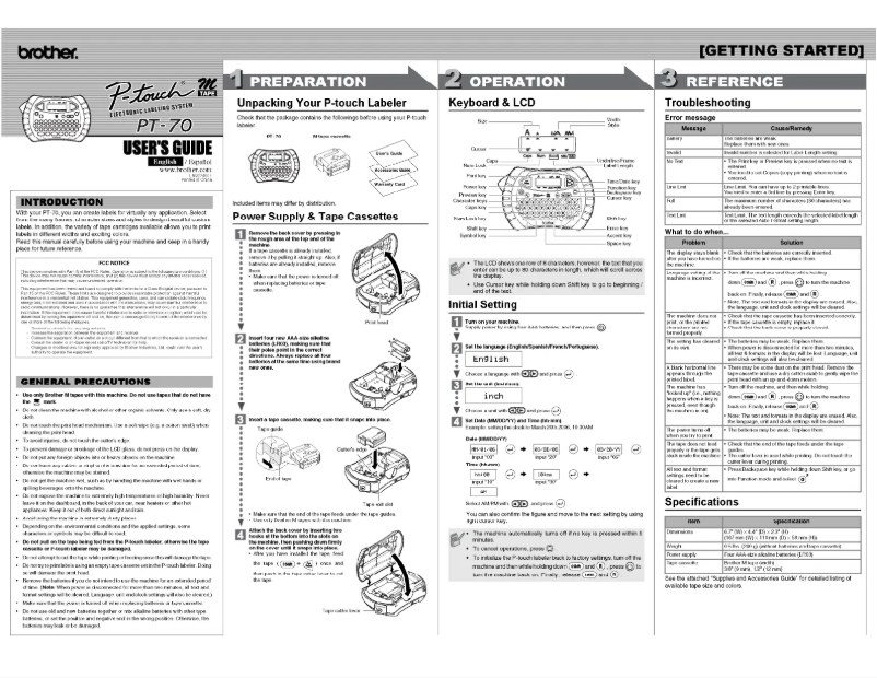Image de la première page du manuel de l'appareil P-Touch 70