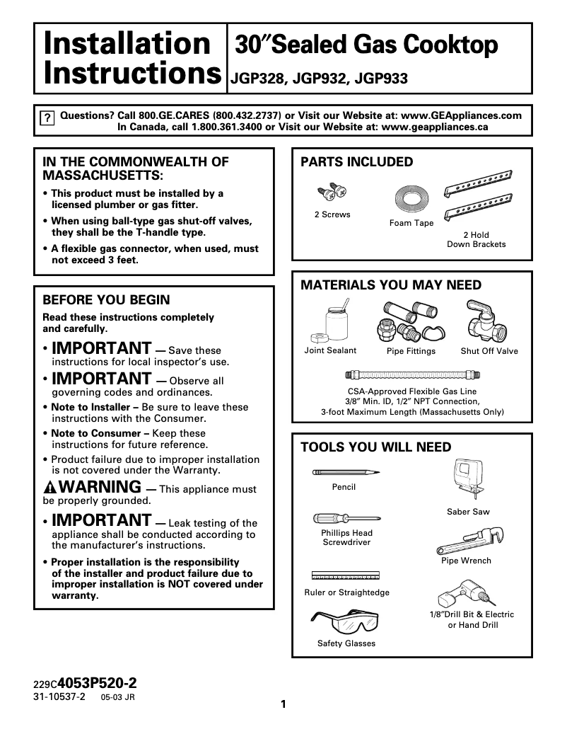 Page n°1 - Guide d'installation GE Profile JGP933CEJCC