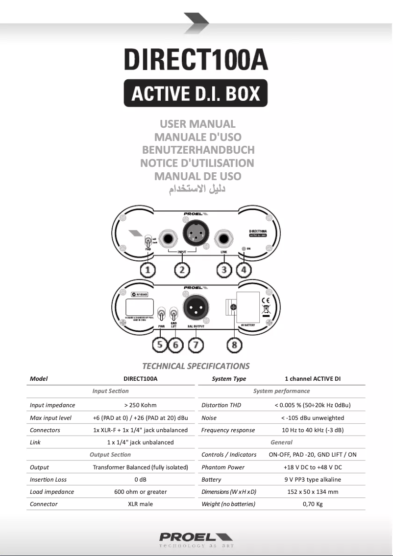 Page 1 de la notice Manuel utilisateur Proel Direct100A