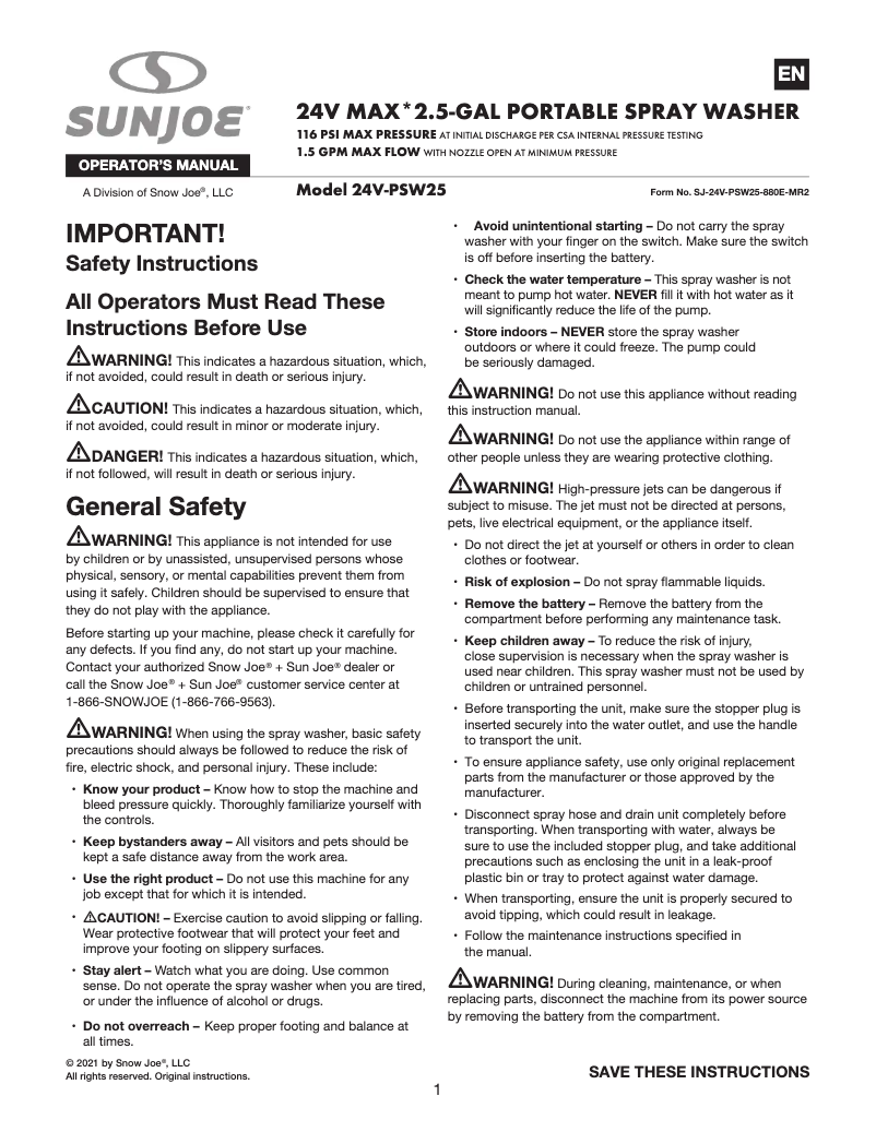 Page 1 de la notice Manuel utilisateur Sun Joe 24V-PSW25