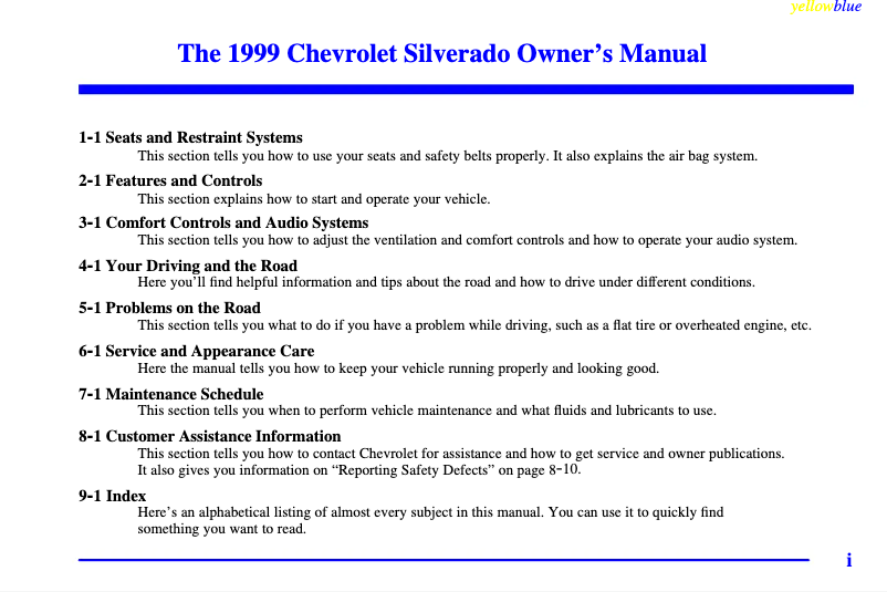 Page 1 de la notice Manuel utilisateur Chevrolet Silverado (1999)
