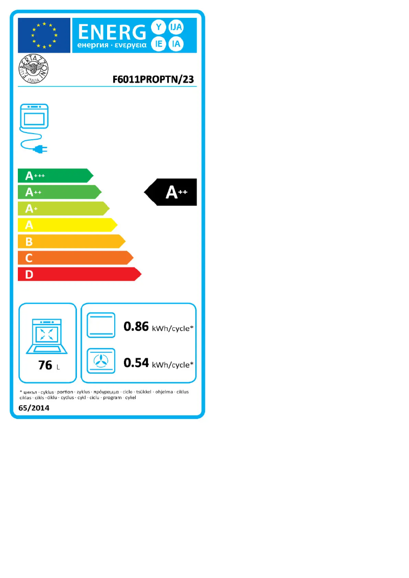 Page 1 de la notice Label énergétique Bertazzoni F6011PROPLX