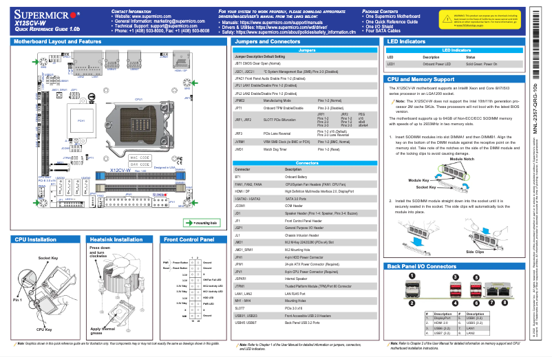 Page 1 de la notice Guide de démarrage rapide Supermicro X12SCV-W