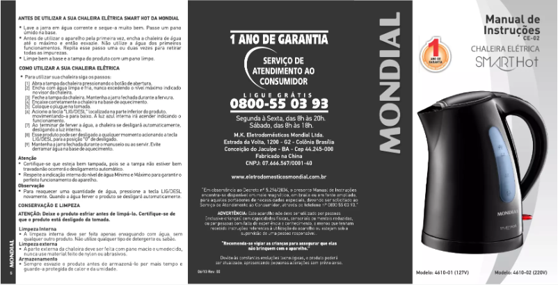 Page 1 de la notice Manuel utilisateur Mondial SmartHot CE-02