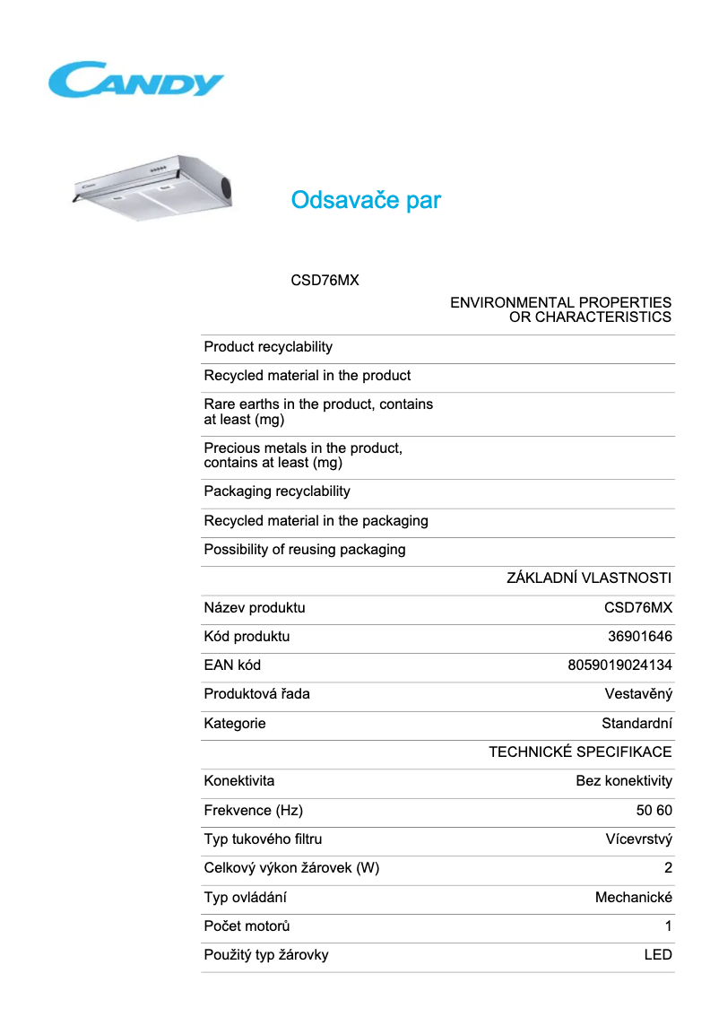 Page 1 de la notice Fiche technique Candy CSD76MX