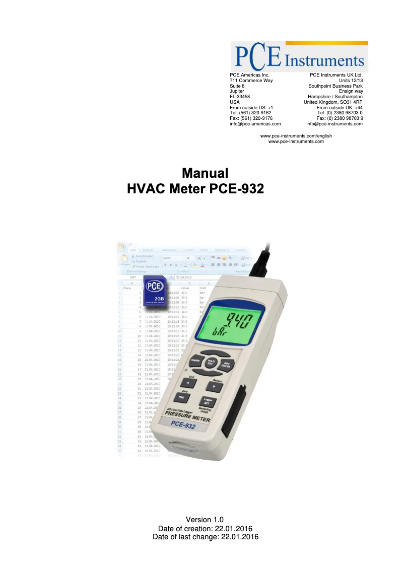 Page n°1 - Manuel utilisateur PCE Instruments PCE-932