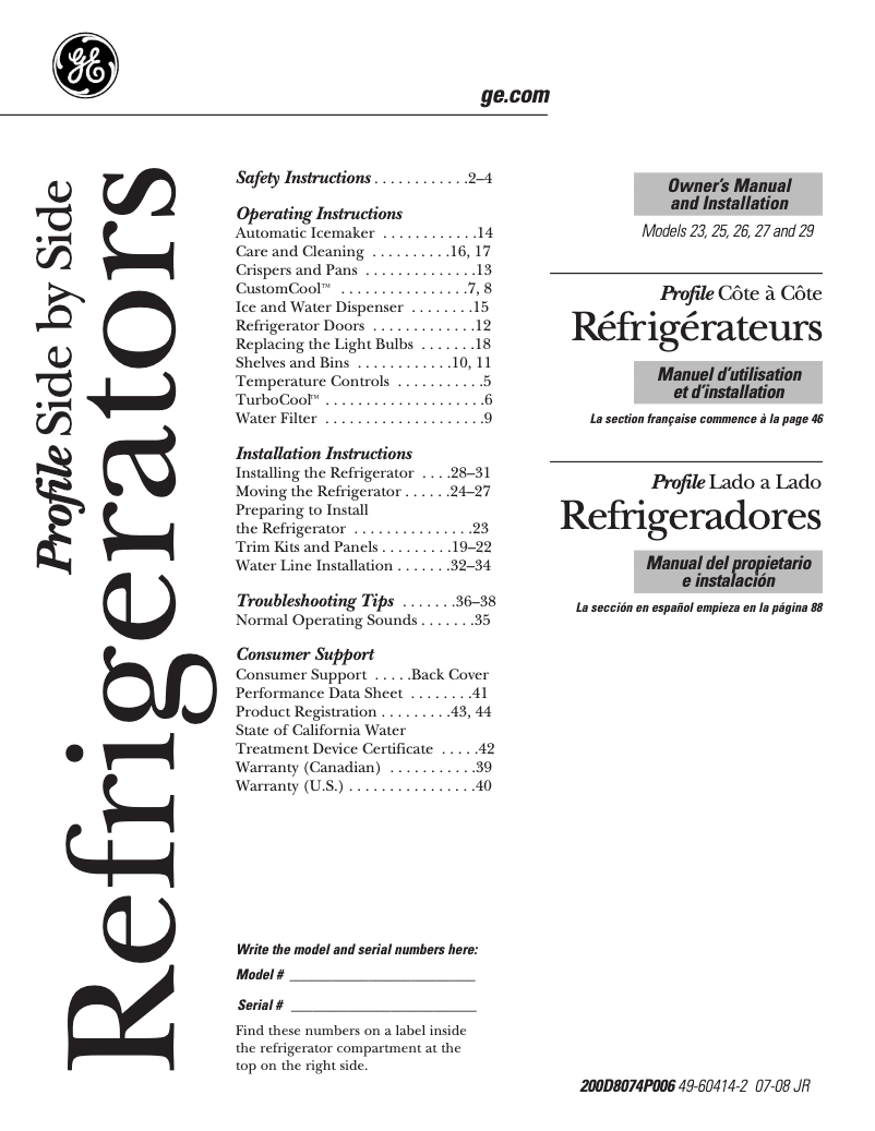 Page n°1 - Manuel d'utilisation et d'entretien GE PSS26MGTBB