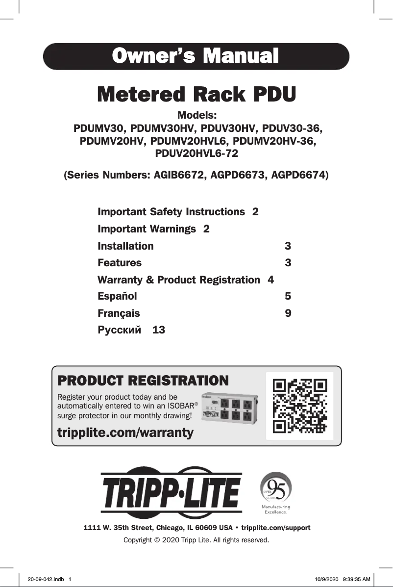 Page 1 de la notice Manuel utilisateur Tripp Lite PDUV30HV