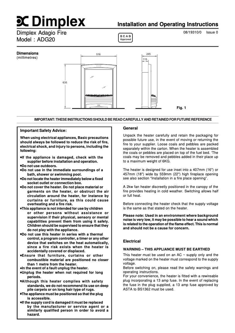 Page n°1 - Manuel utilisateur Dimplex ADG20