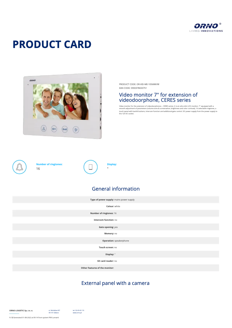 Page 1 de la notice Fiche technique ORNO OR-VID-ME-1056/W