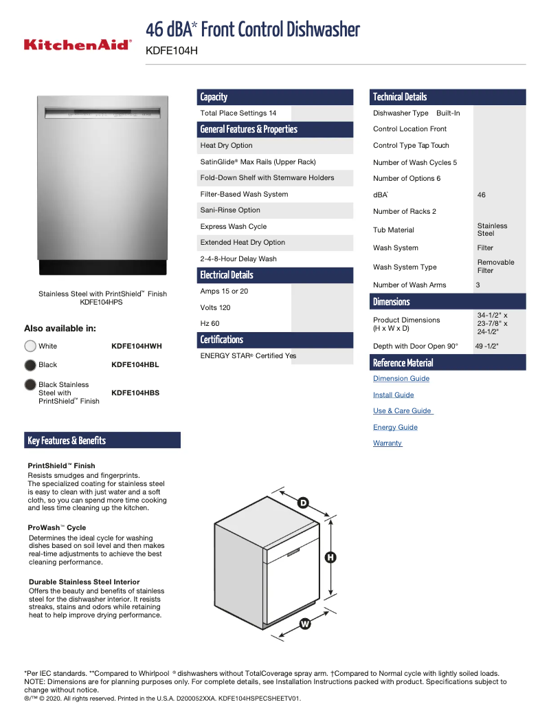 Página 1 del manual Ficha técnica KitchenAid KDFE104HBS