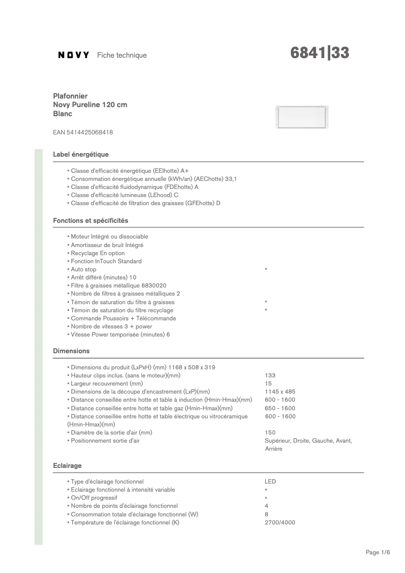Page 1 de la notice Fiche technique Novy Pure'line 6841