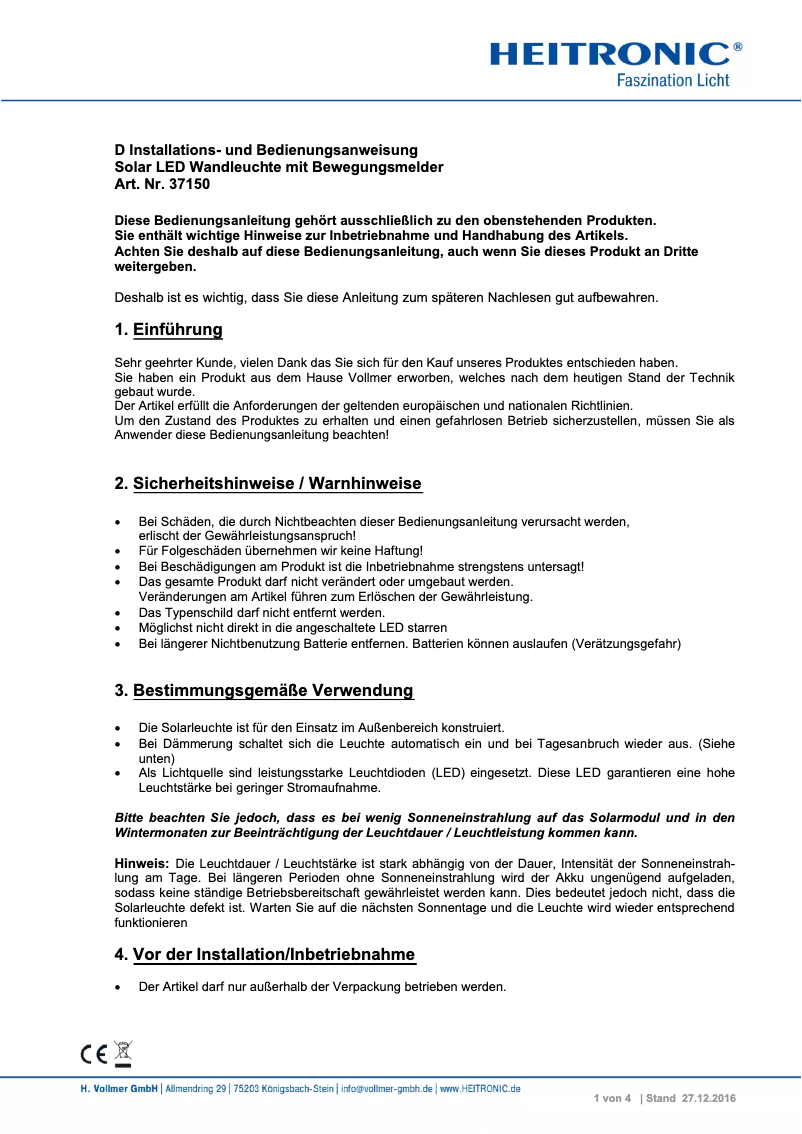 Page 1 de la notice Manuel utilisateur Heitronic 37150