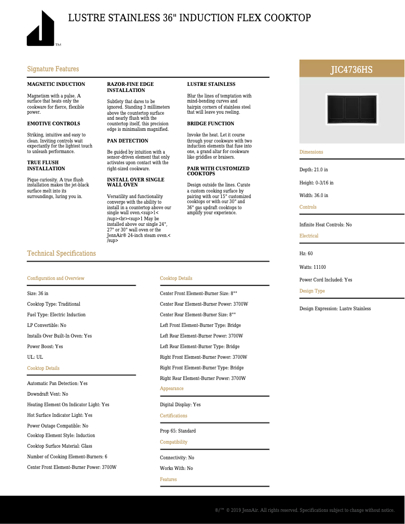 Page 1 de la notice Fiche technique JennAir JIC4736HS