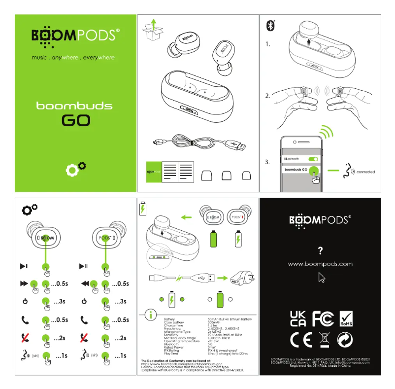 Page 1 de la notice Manuel utilisateur Boompods Boombuds
