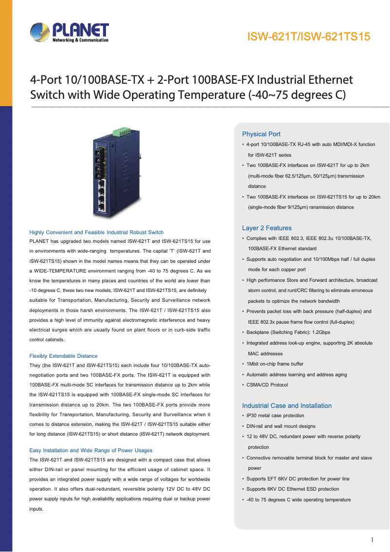 Page n°1 - Fiche technique Planet ISW-621T