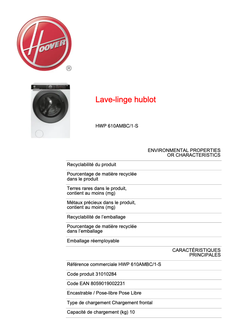 Image de la première page du manuel de l'appareil HWP 610AMBC/1-S